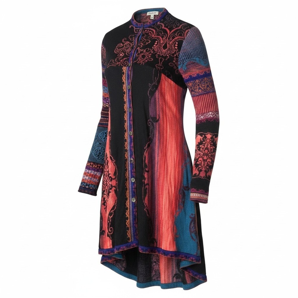 VTG Ivko Woman 100% Wool Printed Yarn Long Jacket Cardigan Black Multi Size 42